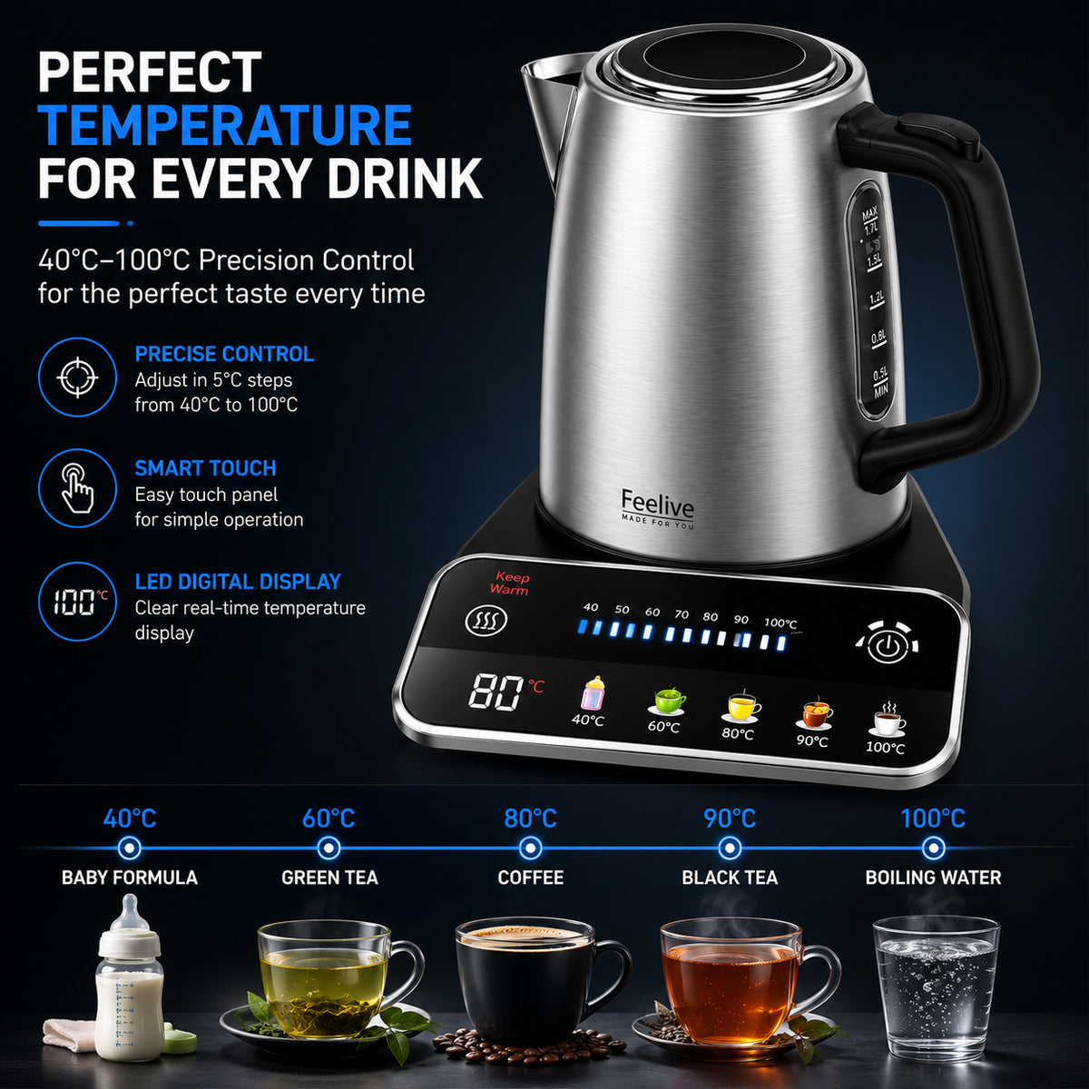 Feelive Smart Digital Stainless Steel Kettle 1.7L with Temperature Control KSK080