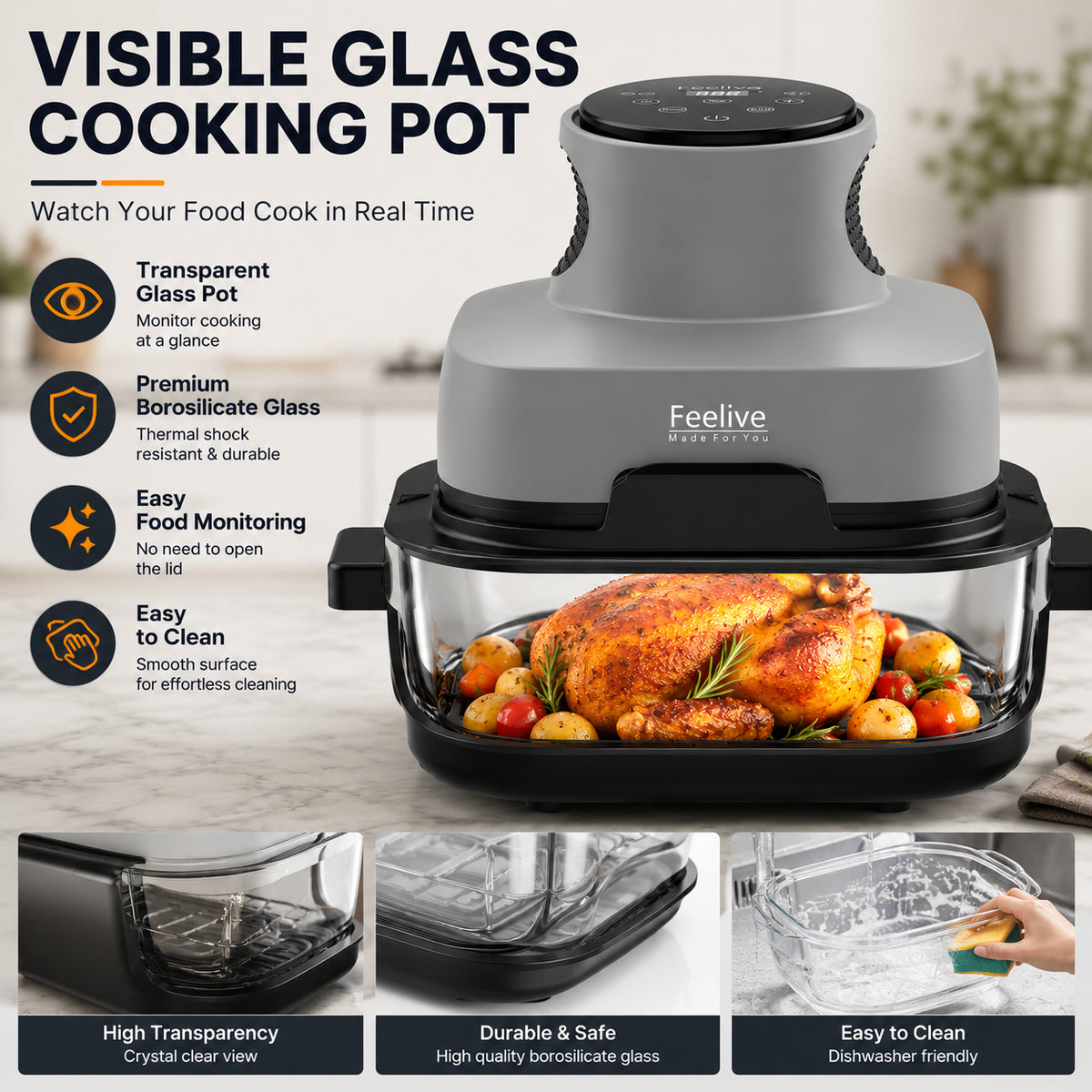 Feelive Crispy 4L+1.5L Dual Glass Digital Air Fryer 1500W AF534T
