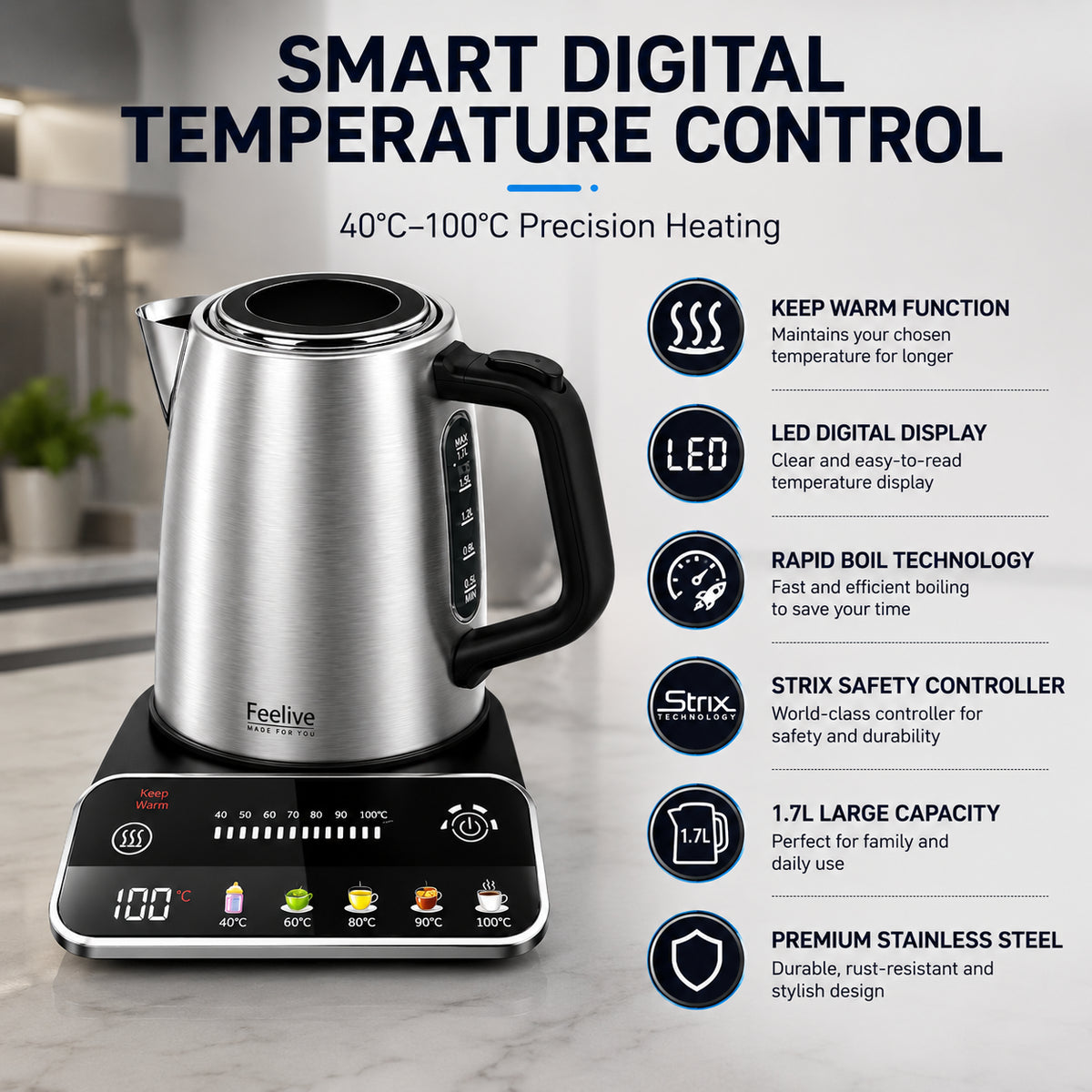 Feelive Smart Digital Stainless Steel Kettle 1.7L with Temperature Control KSK080