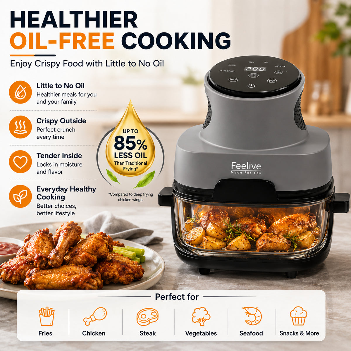 Feelive Crispy 4L+1.5L Dual Glass Digital Air Fryer 1500W AF534T