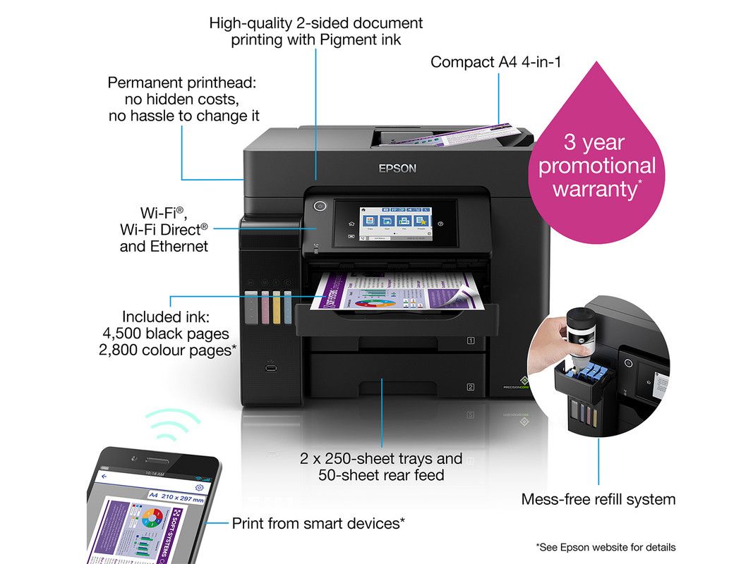 Epson L6570 EcoTank, A4, 4 in 1, Wi-Fi, ADF, Double Sided Printing, Printer.