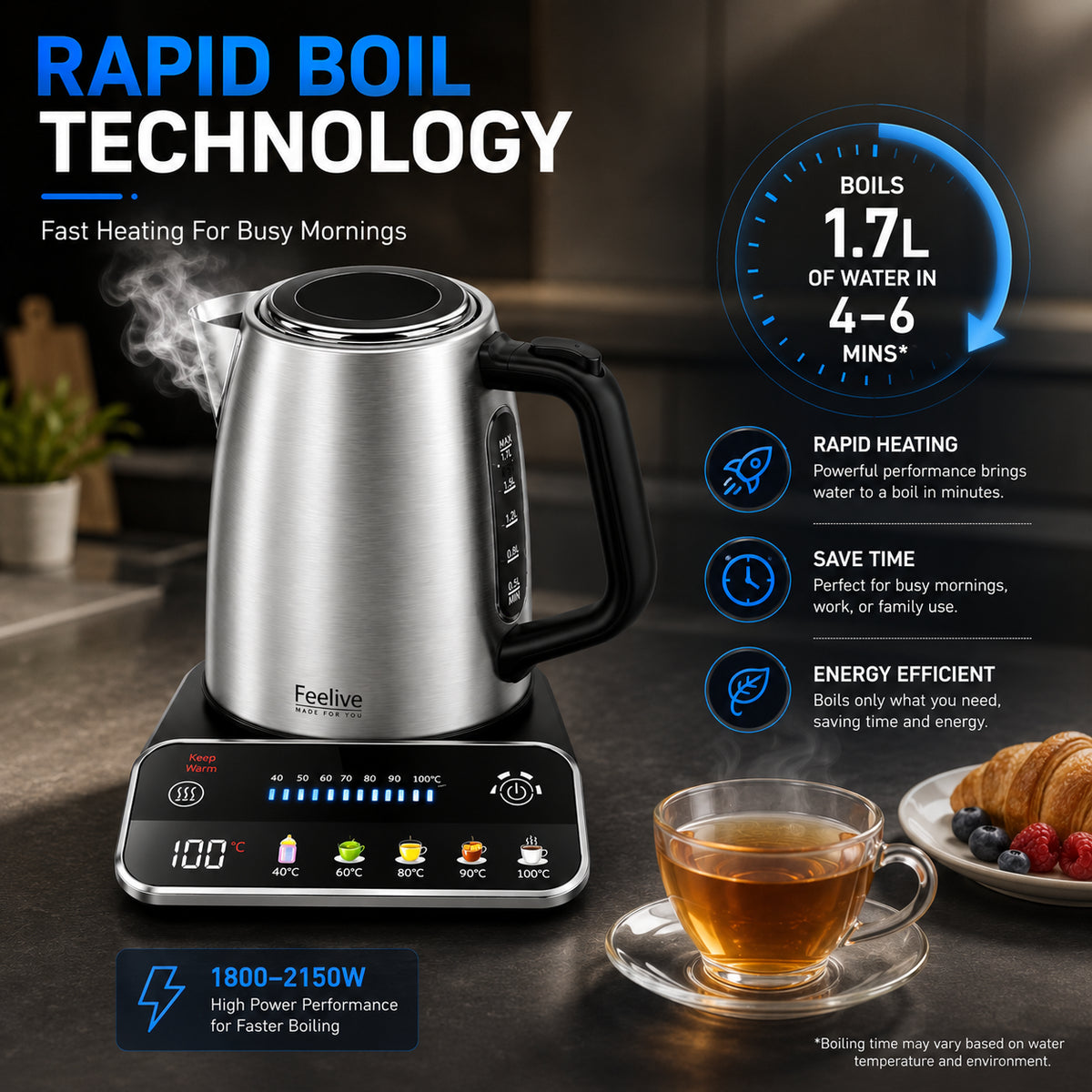 Feelive Smart Digital Stainless Steel Kettle 1.7L with Temperature Control KSK080