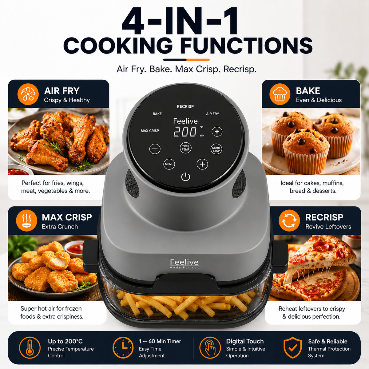 Feelive Crispy 4L+1.5L Dual Glass Digital Air Fryer 1500W AF534T