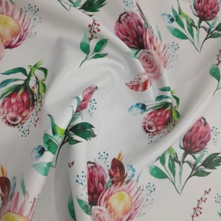 SANJAR Printed Vinyl Printed PU Vinyl Protea  Flowers White Printed PU Vinyl Protea Flowers 201 Collection 140 cm (7799214637145)
