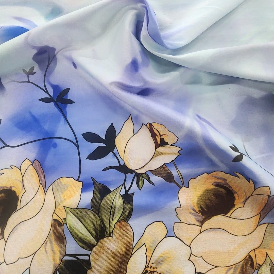 SATIN Dress Fabrics Powder Blue Printed Border Floral Milano Satin Fabric 150 cm (7664725753945)