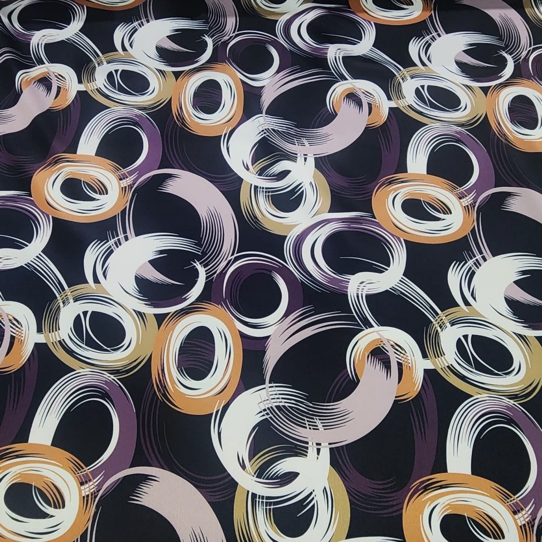 SATIN Dress Fabrics Printed Milano Satin  Fabric Black/Plum/Orange 150cm (7468066865241)