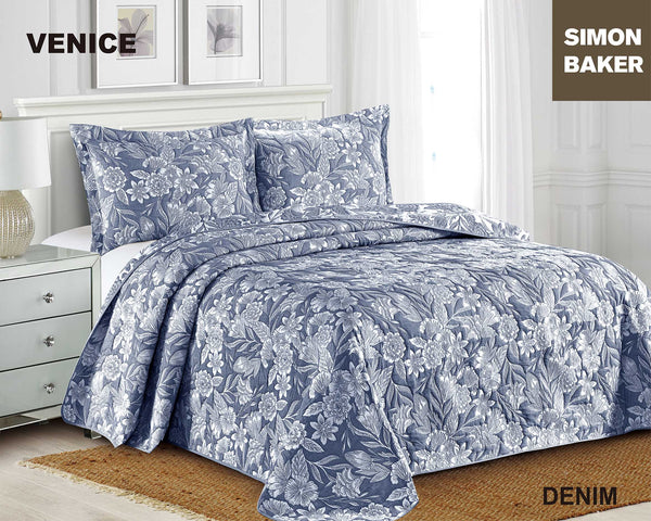 SIMON BAKER BEDSPREAD Queen: 250x270cms plus 2 Pillowcases Simon Baker Venice Jacquard Bedspread Denim