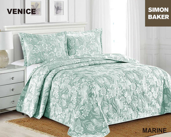 SIMON BAKER BEDSPREAD Queen: 250x270cms plus 2 Pillowcases Simon Baker Venice Jacquard Bedspread Marine