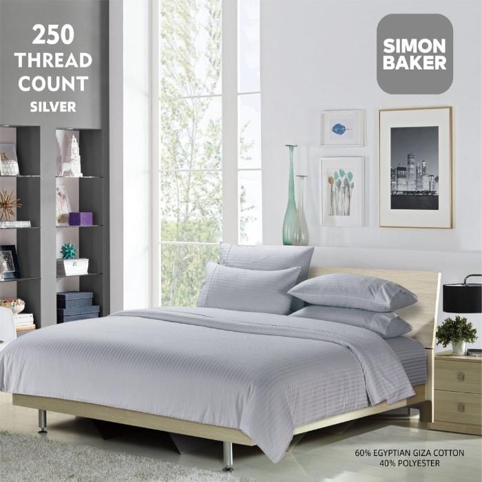 SIMON BAKER Duvet Cover Simon Baker 250 Thread Count Egyptian Cotton Stripe Duvet Cover Set Silver (6596034789465)