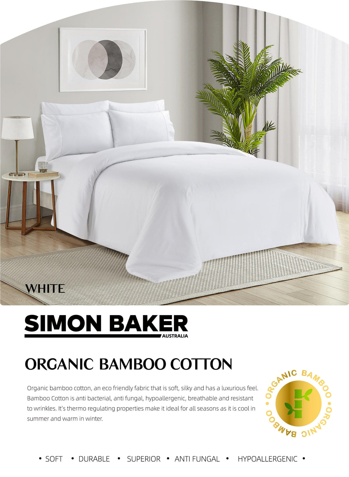 SIMON BAKER Duvet Cover Simon Baker Organic Bamboo Cotton White Duvet Cover Set (7895584047193)