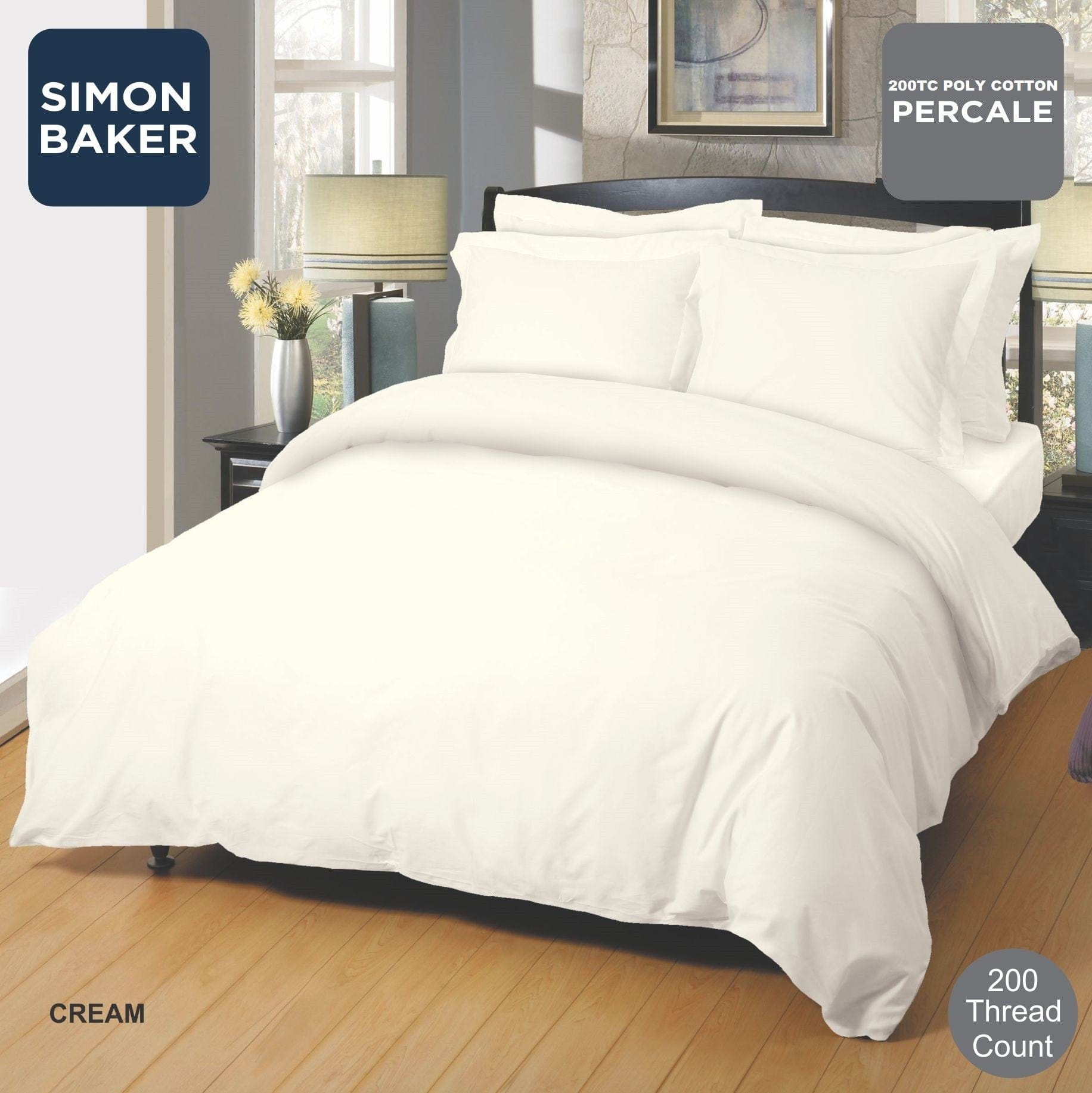 SIMON BAKER Duvet Cover Three Quarter Simon Baker Cream 200 Thread Count Cotton Percale Duvet Cover Set