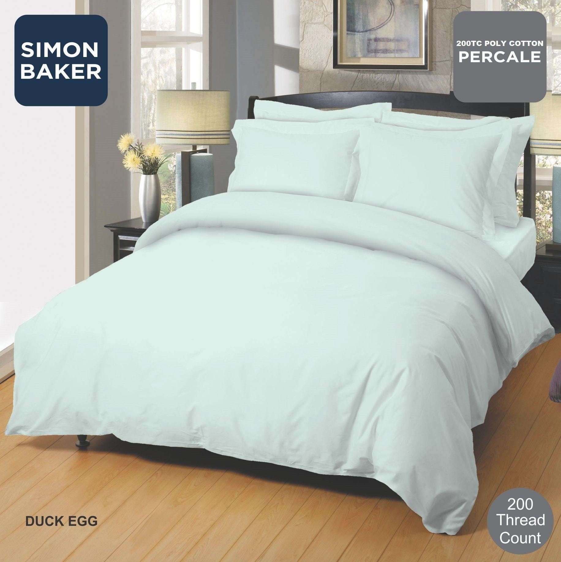 SIMON BAKER Duvet Cover Three Quarter Simon Baker Duck Egg 200 Thread Count Cotton Percale Duvet Cover Set