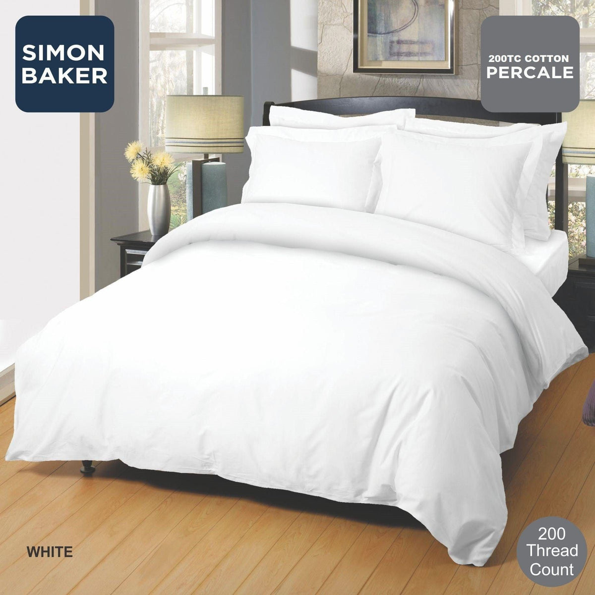 SIMON BAKER Duvet Cover Three Quarter Simon Baker White 200 Thread Count Cotton Percale Duvet Cover Set