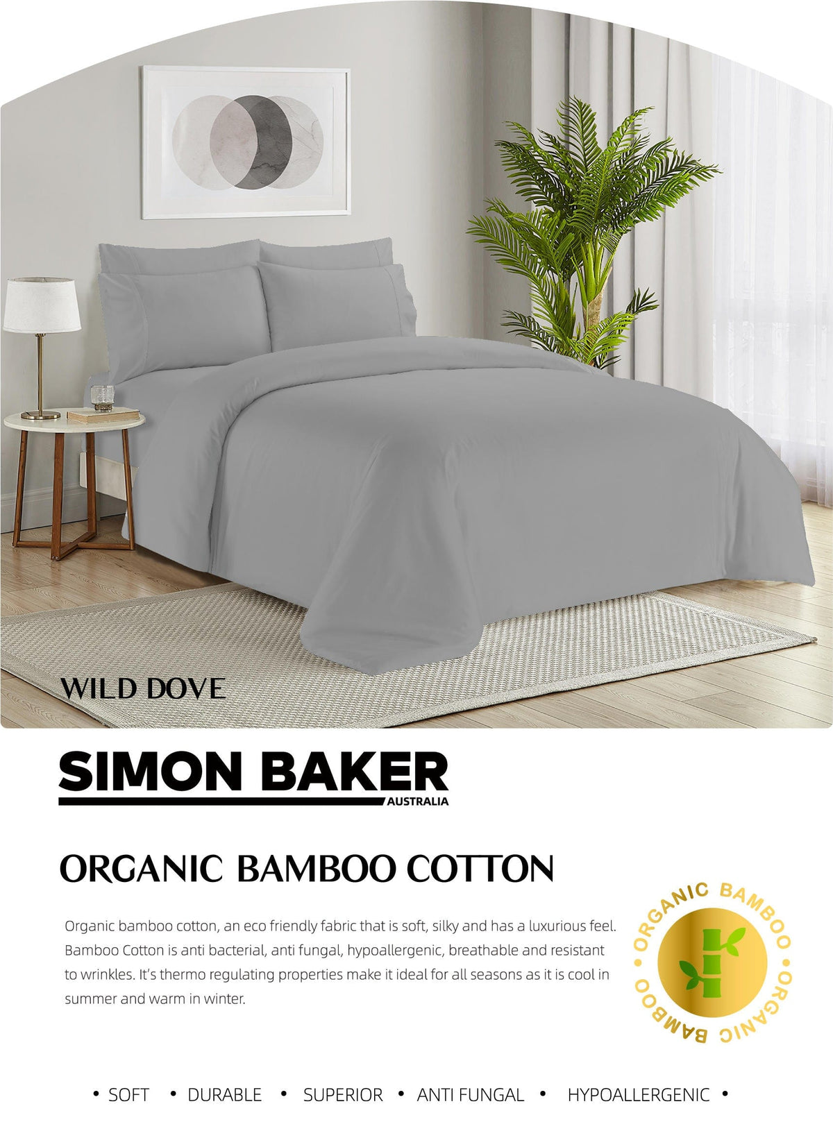 SIMON BAKER SHEET SET Simon Baker Organic Bamboo Cotton Wild Dove 4 Piece Sheet Set (7895681171545)