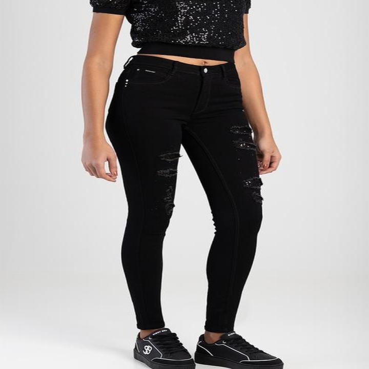 Sissy Boy Ladies Jeans Sissy Boy Sinclair: Mid-Waist Skinny With Rip And Repair With Sequin Black (7783260061785)