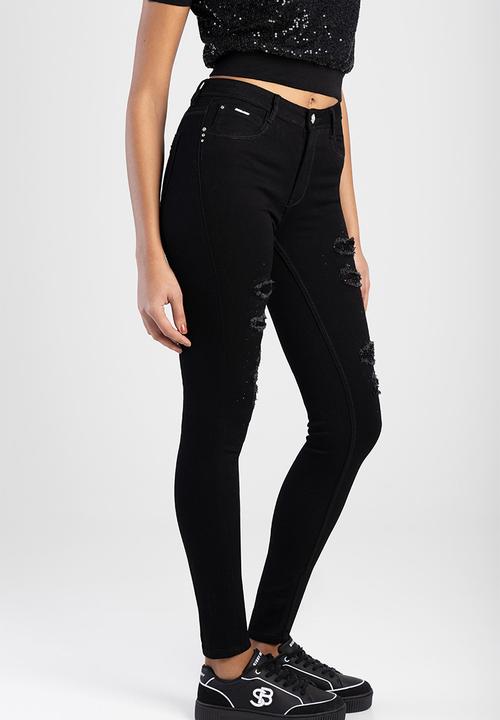 Sissy Boy Ladies Jeans Sissy Boy Sinclair: Mid-Waist Skinny With Rip And Repair With Sequin Black (7783260061785)
