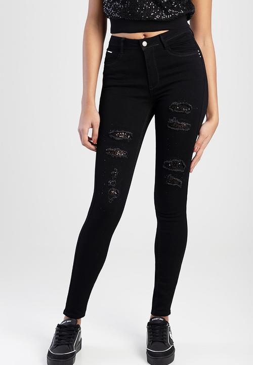 Sissy Boy Ladies Jeans Sissy Boy Sinclair: Mid-Waist Skinny With Rip And Repair With Sequin Black (7783260061785)