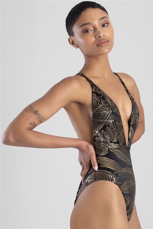 Sissyboy Sissyboy Ladies Top Foil Palm Print Black And Gold (7348840988761)