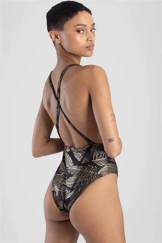 Sissyboy Sissyboy Ladies Top Foil Palm Print Black And Gold (7348840988761)