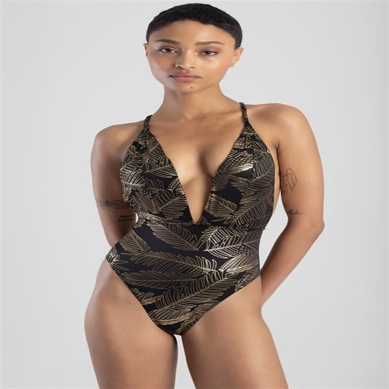 Sissyboy Size Small Sissyboy Ladies Top Foil Palm Print Black And Gold (7348840988761)
