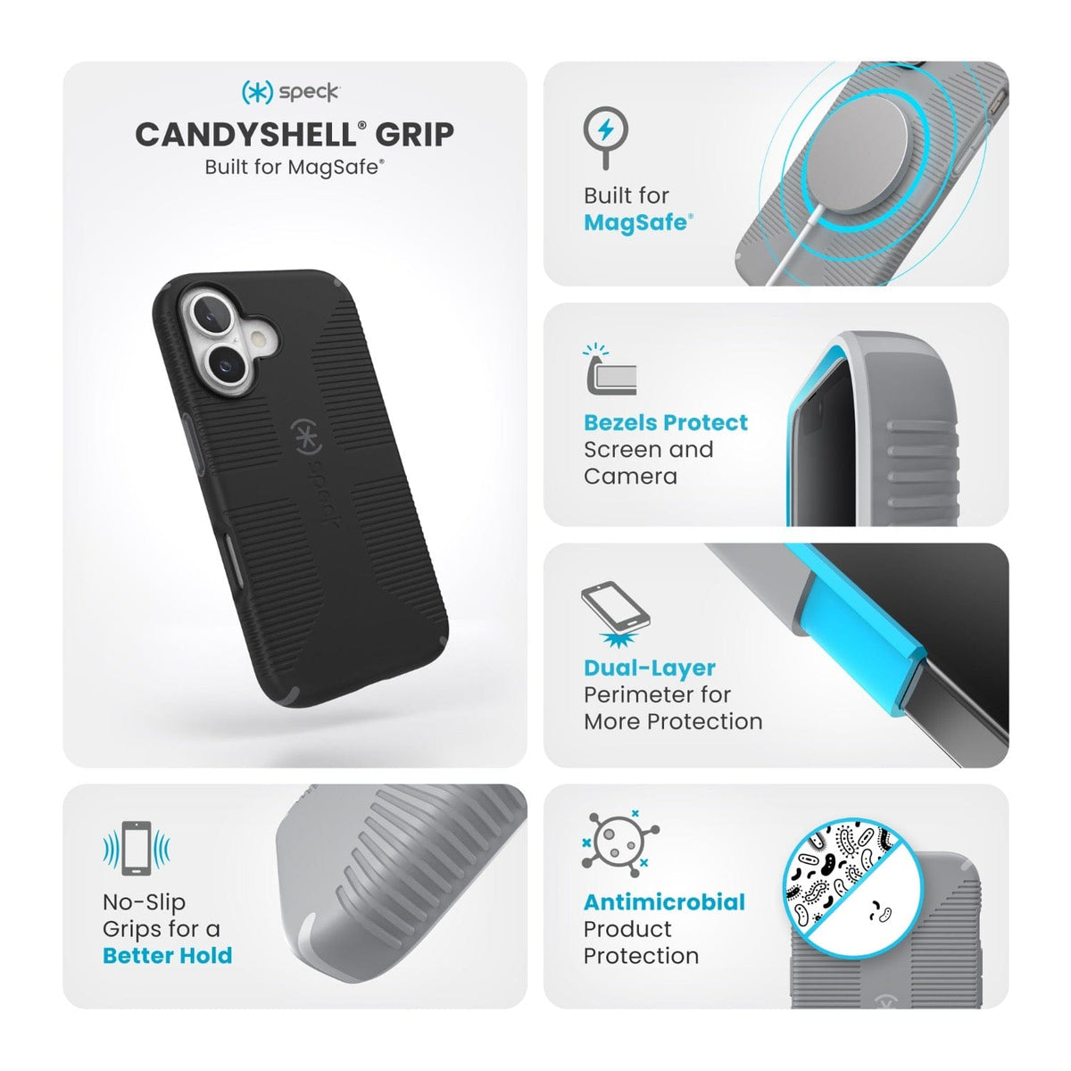 Speck Electronics Accessories Speck Candyshell Grip MagSafe Case – Apple iPhone 16 – Black & Slate Grey (7805564649561)