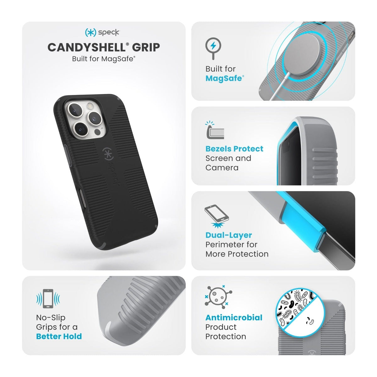 Speck Electronics Accessories Speck Candyshell Grip MagSafe Case – Apple iPhone 16 Pro – Black & Slate Grey (7805564944473)