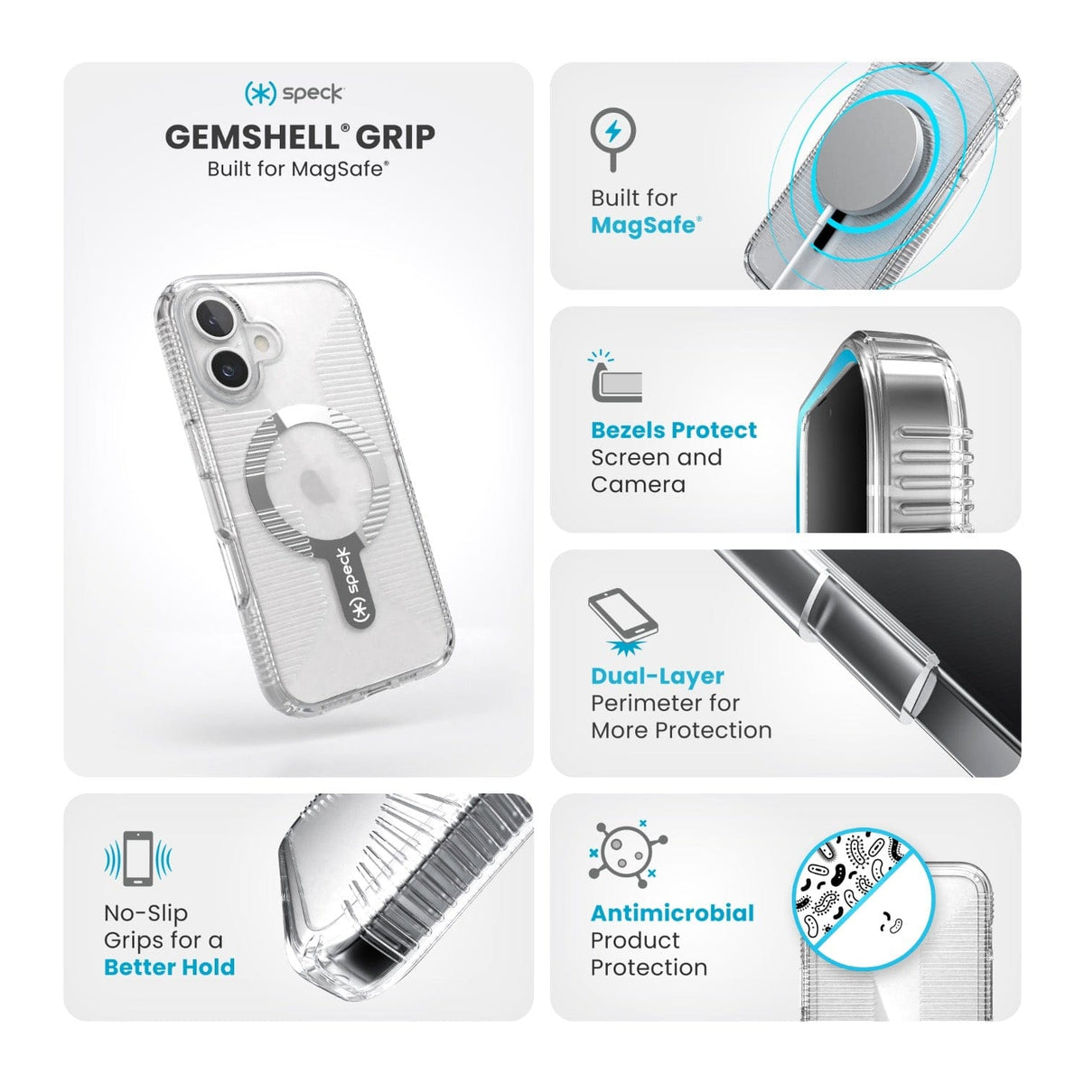 Speck Electronics Accessories Speck Gemshell Grip MagSafe Case – Apple iPhone 16 – Clear & Chrome