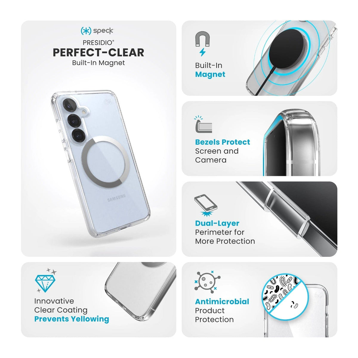 Speck Electronics Accessories Speck Presidio Perfect Clear Magnet Case for Samsung Galaxy S25 – Clear & Chrome
