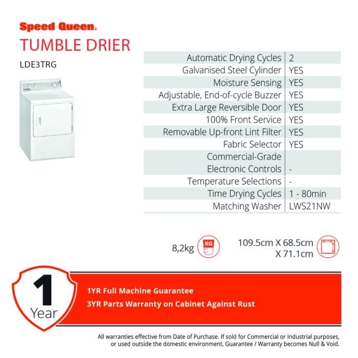 Speed Queen Tumble Dryer Speed Queen 8.2KG Tumble Dryer LDE3TRG