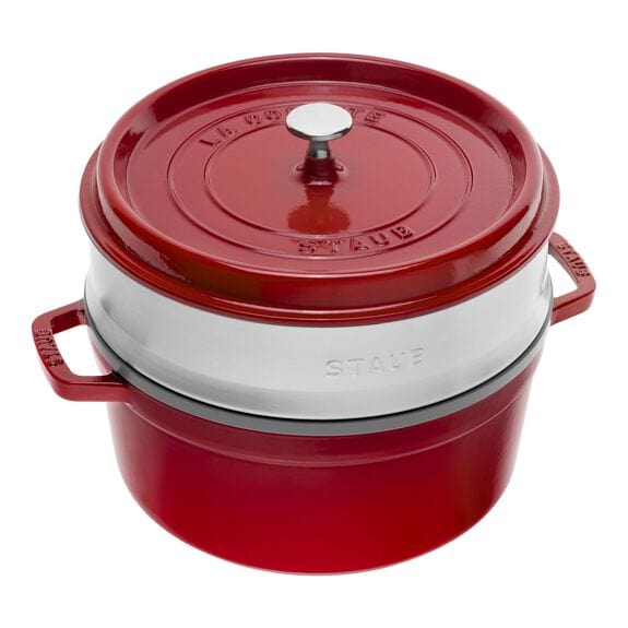 Staub Cast Iron Pots Staub La Cocotte 26cm Cast Iron Round Cocotte With Steamer, Cherry STB1133806 (7415188062297)
