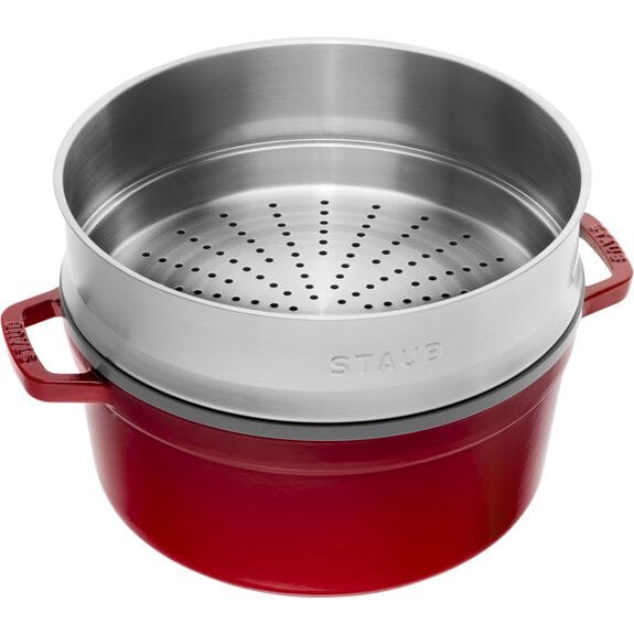 Staub Cast Iron Pots Staub La Cocotte 26cm Cast Iron Round Cocotte With Steamer, Cherry STB1133806 (7415188062297)