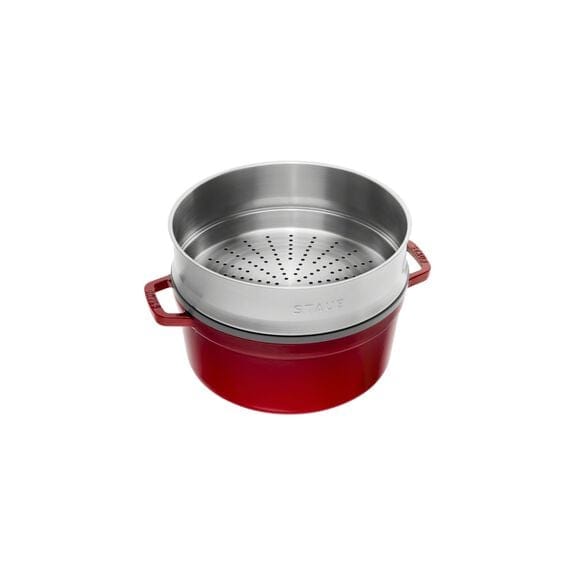 Staub Cast Iron Pots Staub La Cocotte 26cm Cast Iron Round Cocotte With Steamer, Cherry STB1133806 (7415188062297)