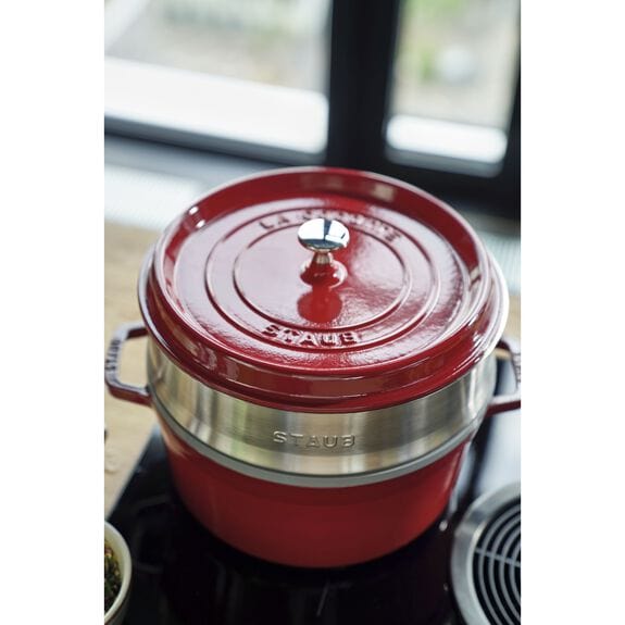 Staub Cast Iron Pots Staub La Cocotte 26cm Cast Iron Round Cocotte With Steamer, Cherry STB1133806 (7415188062297)