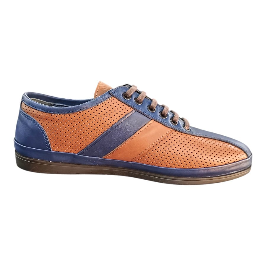 Stefano R Sneakers Stefano R Men's Perforated Leather Casual Sneakers Tan/Navy A1720-21