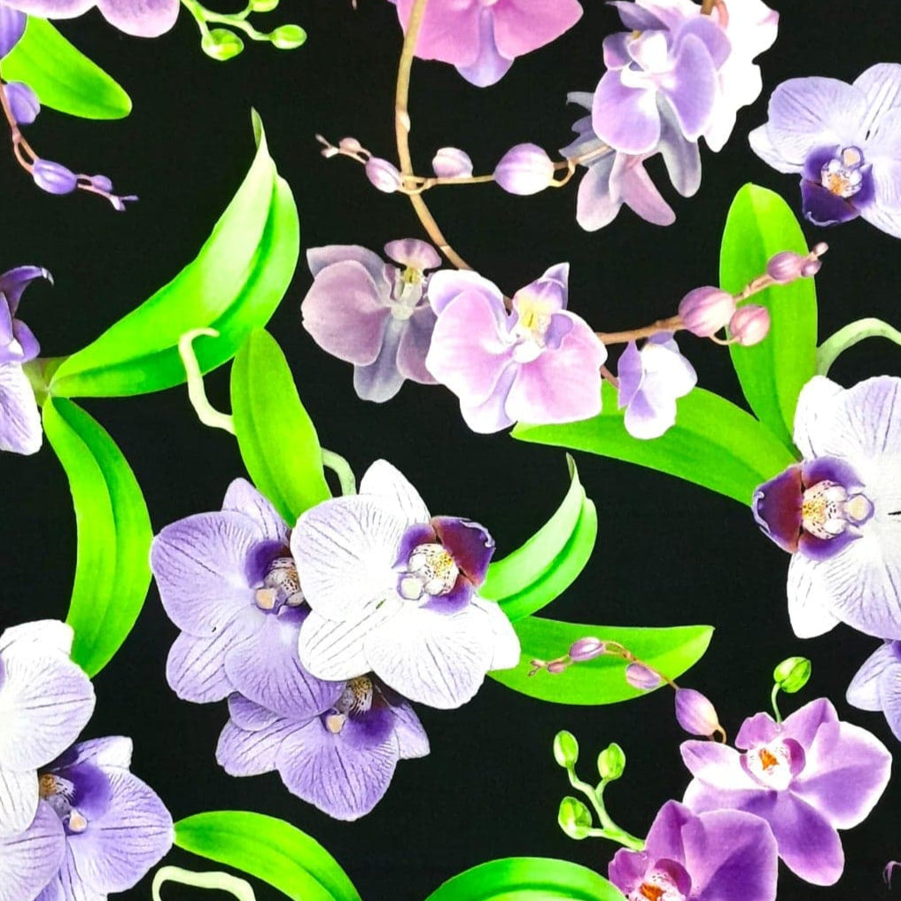 Sugar Textiles Printed Fabric Black Fabric Printed Orchid Floral 140 cm
