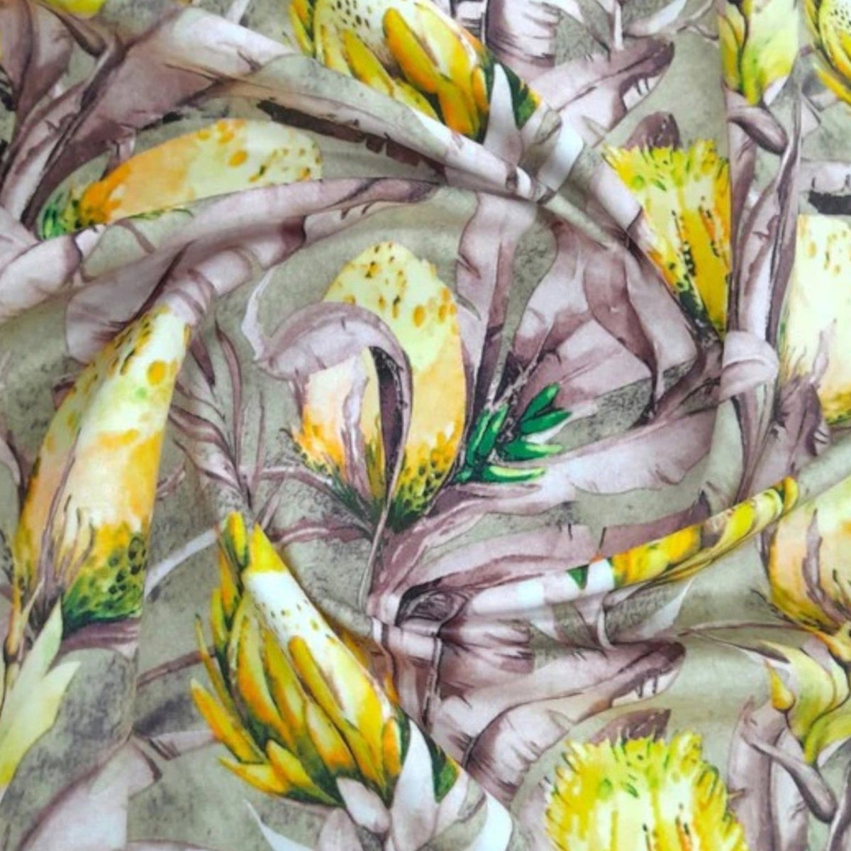 Printed Flowers Upholstery Protea Velvet Fabric Yellow 140 cm