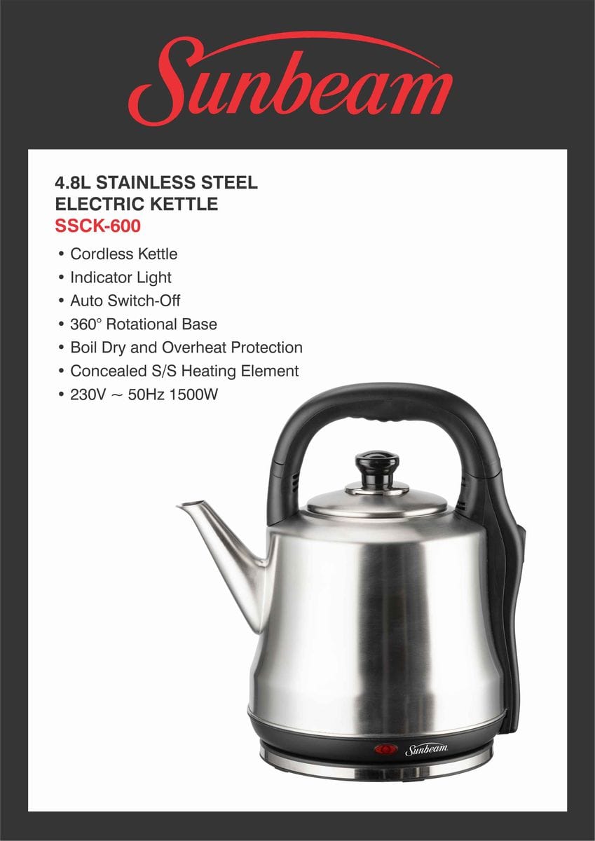 Sunbeam KETTLE Sunbeam 4.8 Litre Stainless Steel Cordless Electric Kettle SSCK-600