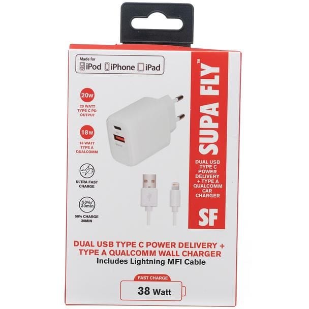 Superfly Power Adapters & Chargers Supa Fly 38W Dual USB PD and QC Wall Charger with Lightning MFI Cable (7676260384857)