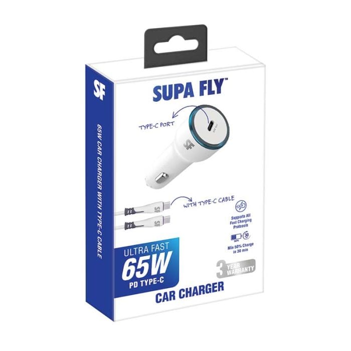 Superfly Power Adapters & Chargers Supa Fly 65W Car Charger With Type C Cable - White
