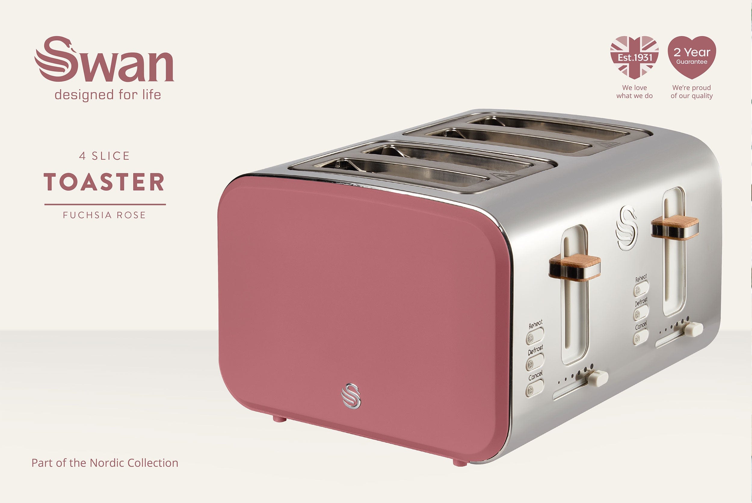 Swan KETTLE Swan Nordic Fuchsia Rose 4 Slice Toaster SNT4FR