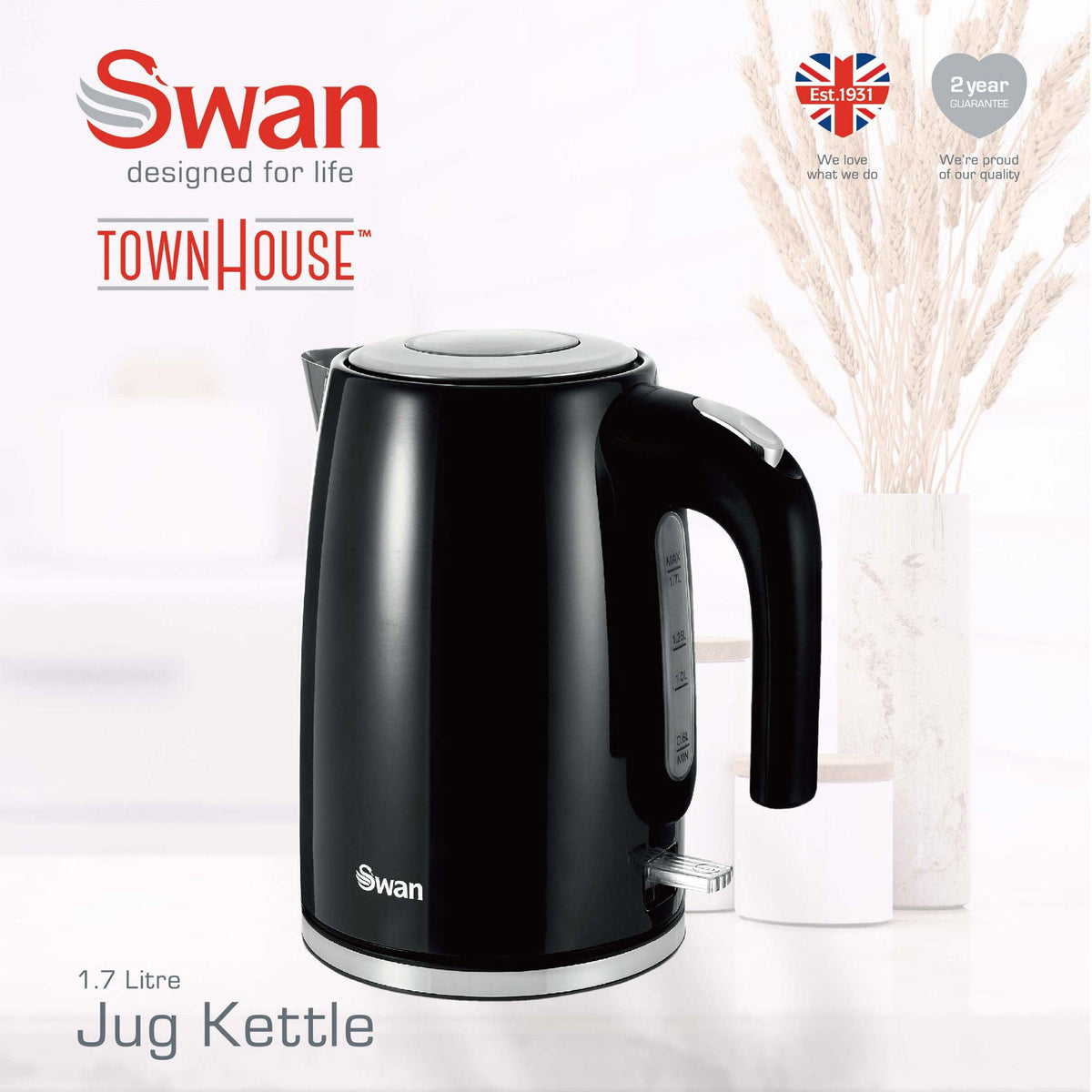 Swan KETTLE Swan Townhouse Stainless Steel Black 1,7 Litre Jug Kettle STH17B (7893177794649)