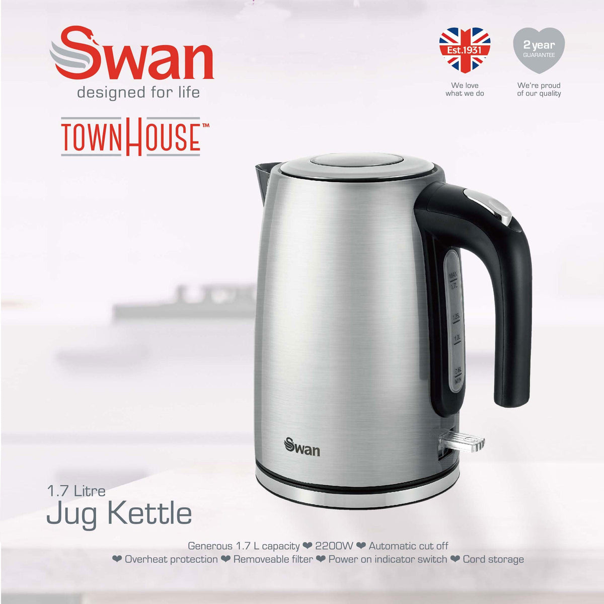 Swan KETTLE Swan Townhouse Stainless Steel Silver 1,7 Litre Jug Kettle STH17S