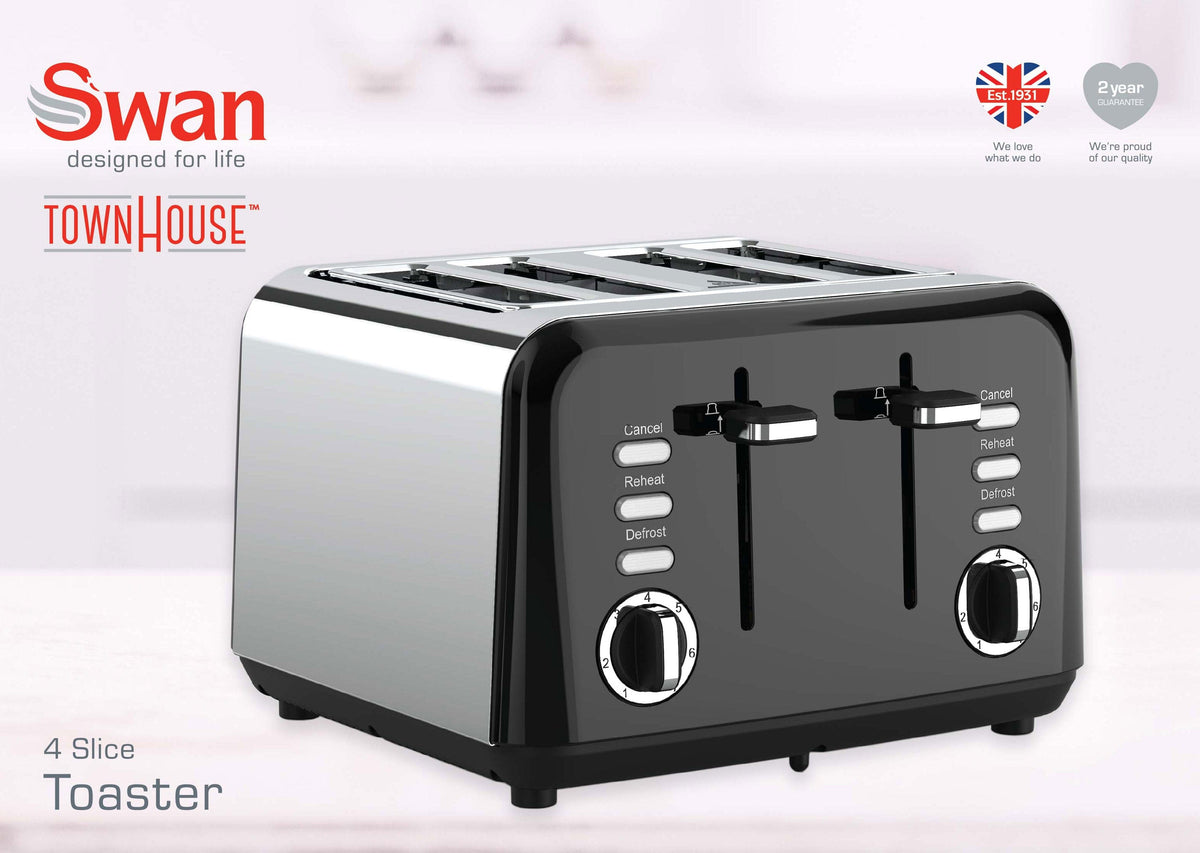 Swan TOASTER Swan Townhouse Stainless Steel Black 4 Slice Toaster STH4B