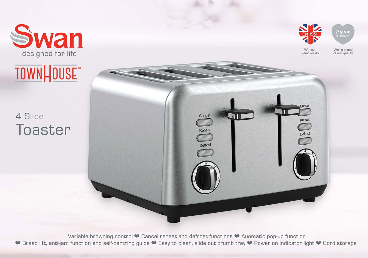 Swan TOASTER Swan Townhouse Stainless Steel Silver 4 Slice Toaster STH4S