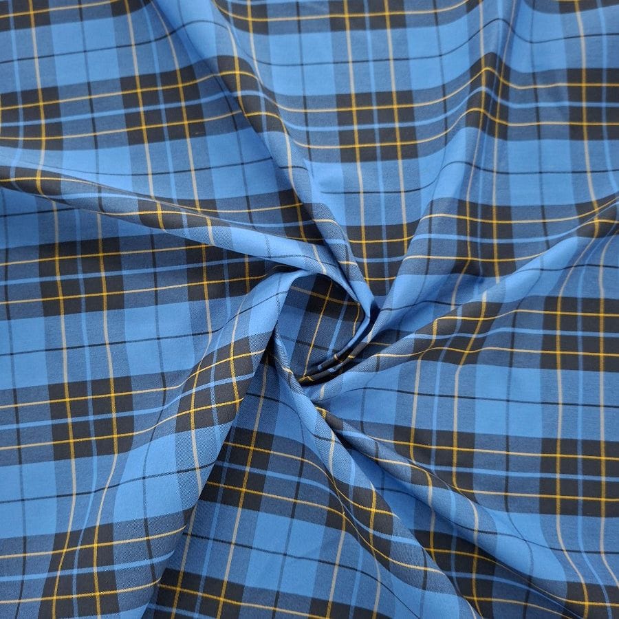 TARTAN CHECKS Dress Fabric Navy/ Sky Blue /Yellow Tartan Check Navy and Power blue Fabric 150cm