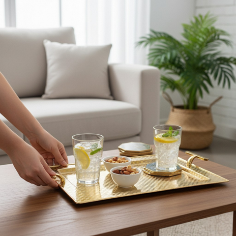 Tazzy TRAY Tazzy Stainless Steel Gold Tray With Handles SGN3460