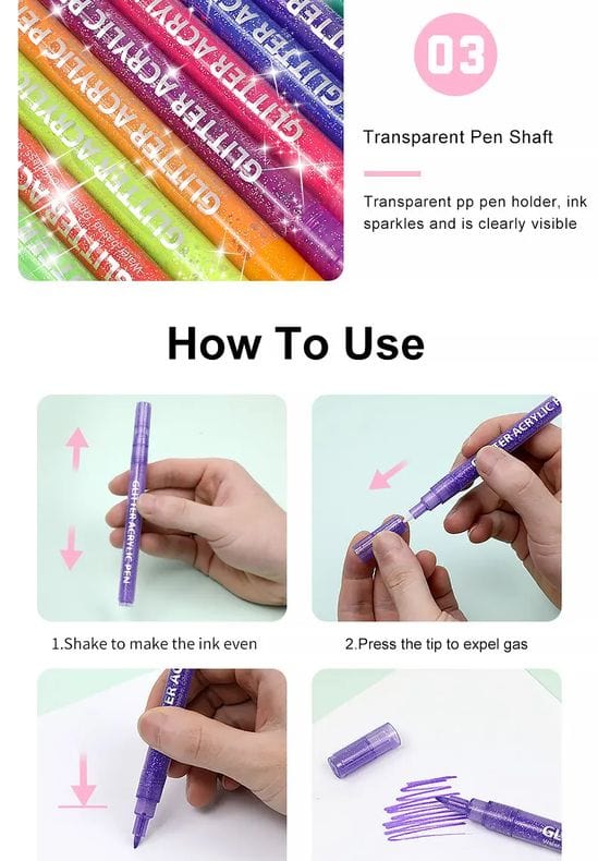 The Art Journey Tech & Office The Art Journey 12 Color Glitter Acrylic Pen Set ART011 (7802269892697)