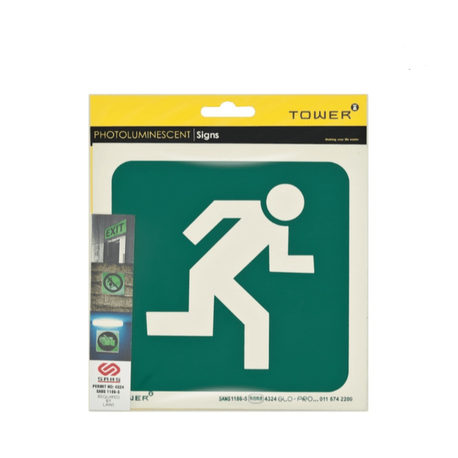 Tower Tech & Office Tower Photoluminescent Man Running Right Sign Green/White 190 x 190mm (7335700299865)