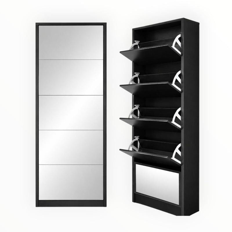 Mirror Shoe Cabinet  5 Tier Double Black