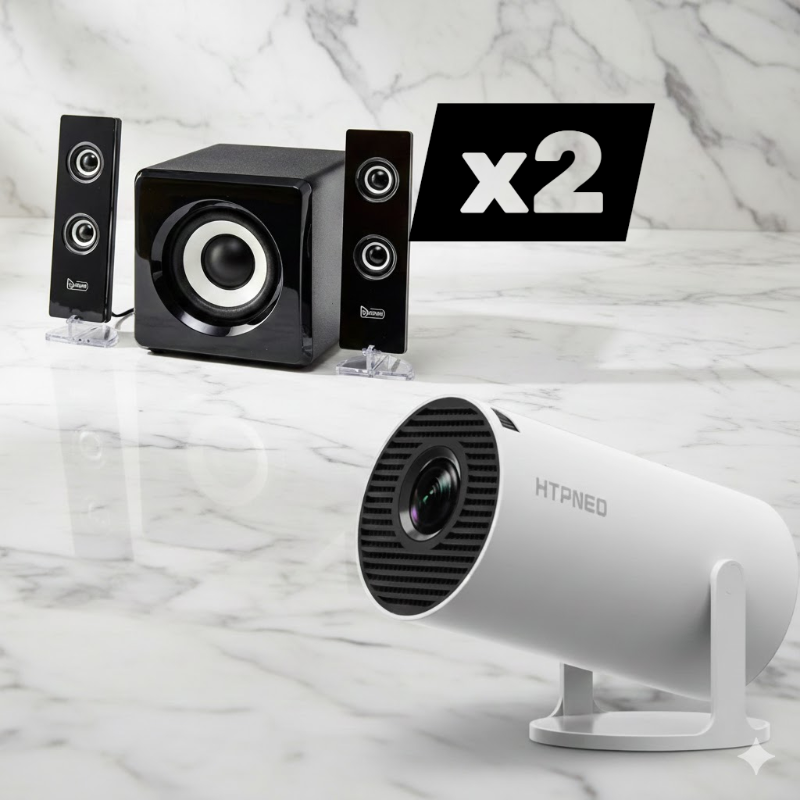 HTPNEO H66 Portable Projector + Audiomate SP2719/SP3000U/SP3500B Speakers With Sub (AUX)